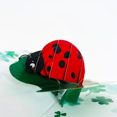 Imagem de Cartões pop-up de papel 12 x 17 cm, joaninha com planta da sorte, cartões pop-up 3D com cartões de notas e envelopes, perfeitos para presente de aniversário pop-up explosivo.