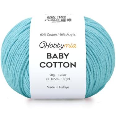 Imagem de HobbyMia Fio de algodão para bebês para crochê - 50 g / 180 m - (2) fio fino, peso esportivo - fio Amigurumi macio para linha de crochê - 60% algodão e 40% acrílico (Blue Hosta, 1 bola)