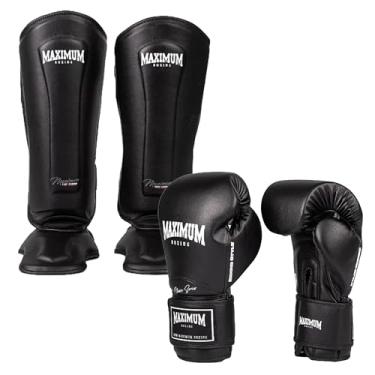 Imagem de Kit Par de Caneleira + Par Luva Boxe Muay Thai Kickboxing New Classic Maximum Black (LUVA 10oz + CANELEIRA G)