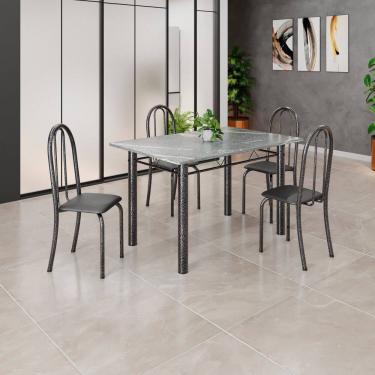 Imagem de Conjunto de Mesa Tubular 120x75cm Tampo em Granito Topázio com 4 Cadeiras Iris Preto Liso/Martelado Prata