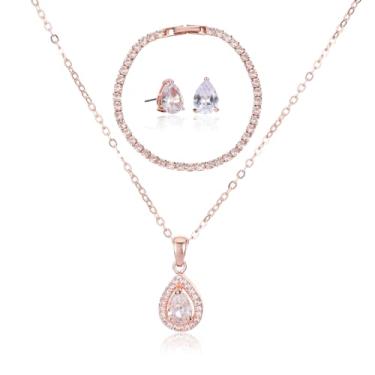 Imagem de ZHUWE Conjunto de joias de dama de honra, presente para festa de casamento, pingente de gota de cristal de zircônia cúbica, brinco e pulseira de tênis, banhado a ouro/rosa dourado/prata, Cobre,