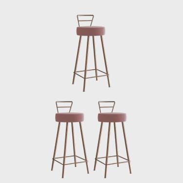 Imagem de Kit 03 Banqueta Alta Com Encosto Tina Eiffel Cozinha Bar Bistrô Ferro Bronze Suede Rosa Gold - Ahz Móveis