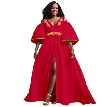 Imagem de Vestidos africanos para mulheres, decote em V, ombros de fora, bordados, cintura alta, elegante vestido midi, Vermelho, 3G