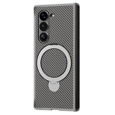 Imagem de HAO RIYLN Capa magnética para Samsung Galaxy Z Fold 6, capa giratória com suporte dobrável, textura de fibra de carbono, capa de proteção para câmera, prata, ZFOLD6