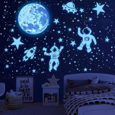 Imagem de Decalques de parede que brilham no escuro, estrelas do foguete do astronauta da lua, decoração de quarto infantil