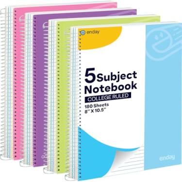 Imagem de Caderno de 5 assuntos em espiral pautado para faculdade, 180 folhas, perfeito para escrever esboços em sala de aula, casa, escritório (pacote com 4) da Emraw