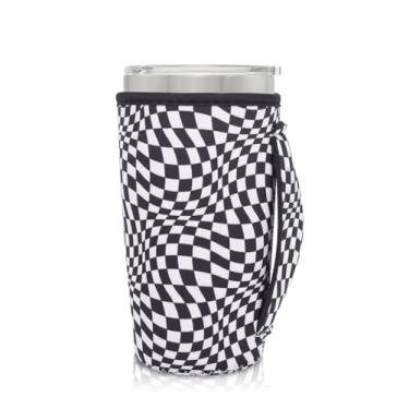 Imagem de AJLTPA Suporte de copo com isolamento de neoprene com alça para copos de 590 ml, manga reutilizável para café gelado compatível com Starbucks Trenta, Dunkin grande, mais (tabuleiro de xadrez preto)