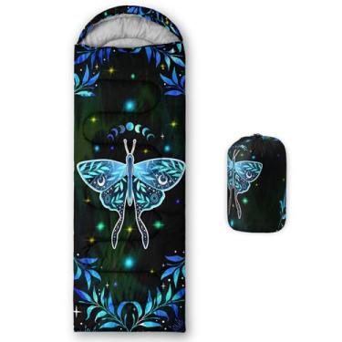 Imagem de AILONEN Boho Saco de dormir borboleta mariposa para meninos, crianças e adultos, clima quente e frio, leve, mochila à prova d'água, sol e lua morte mariposa folhas azuis impressas saco de dormir preto