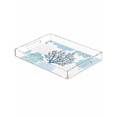 Imagem de Bandeja de acrílico coral azul verde coral minimalista, bandeja decorativa de plástico à prova de derramamento com alças para exibição de comida, organizador de bancada de festa 30 x 20 x 5 cm