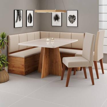 Imagem de Conjunto Canto Alemão com Baú Mesa 120x77,8cm Tampo com Vidro e 2 Cadeiras Milão Mel/Off White/Bronze