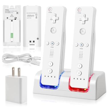 Imagem de Estação de carregamento 2 em 1 para controle remoto Wii/Wii U, com 2 pacotes de bateria recarregável de 2800 mAh, plugue USB e cabo USB, estação de carregamento de 2 portas para controle wii (controle