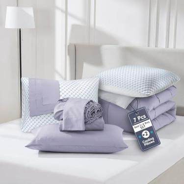 Imagem de Nestl Conjunto de edredom King de 9 peças – Cama reversível roxa acinzentada em uma bolsa – Conjunto completo de cama king size com lençóis, travesseiros refrescantes, fronhas e fronhas