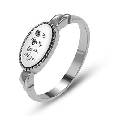 Imagem de Laleonpame Anel de flor de nascimento personalizado mês de nascimento anel floral personalizado gravado delicado joia delicada presente para mãe, dama de honra, melhores amigas, Concha, cobre, Sem