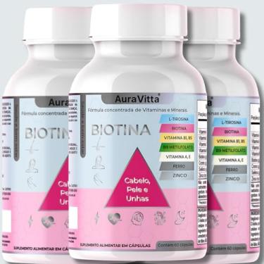 Imagem de Biotina Concentrada – Complexo B (B1, B5, B7, B9 Metilfolato) + L-Tirosina, Ferro, Zinco e Vitaminas A e E – Tratamento Capilar/Unhas/Pele AuraVitta 180 Cápsulas 6 Meses