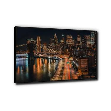 Imagem de Pintura panorâmica em tela horizonte noturno da cidade de Nova York impressão natural em tela emoldurada paisagem da cidade arte de parede para decoração de casa imagem 40 x 60 cm moldura preta