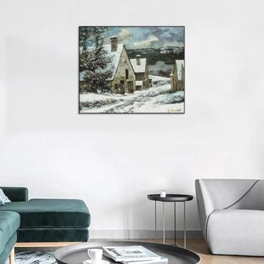 Imagem de Pronto para pendurar "Village Edge in Winter" famosas reproduções de arte de parede impressão em tela pinturas de paisagem para sala de estar decoração de parede 50 x 60 cm moldura preta