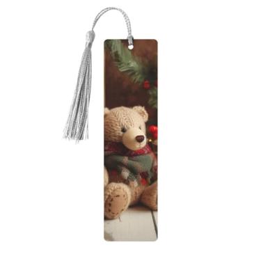 Imagem de Boneco de urso de árvore de Natal, marcador de livro de madeira, para homens e mulheres, leitura, marcadores de livro de madeira, exclusivos feitos à mão, com pingente de borla, marcador de livro para