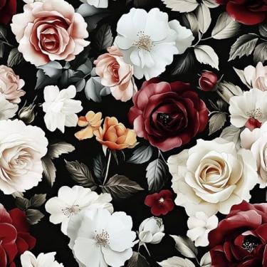 Imagem de Papel de parede floral vintage vermelho/rosa/branco, 45 x 599 cm, papel de parede estético moderno, papel de parede de vinil à prova d'água para cozinha, vestiário, corredor, quarto