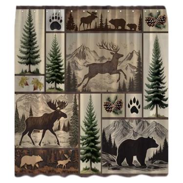 Imagem de KDYDK Cortina de chuveiro rústica para cabana de fazenda, floresta, urso, veado, país, vida selvagem, caça, acampamento, chalé, decoração de madeira, conjunto de cortina de banheiro com gancho