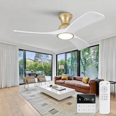 Imagem de OMYU Ventoinhas de teto em ouro branco com luzes embutidas, madeira maciça de 106,7 cm, controle remoto, interruptor de parede, regulável, reversível, ventilador de teto moderno com memória de