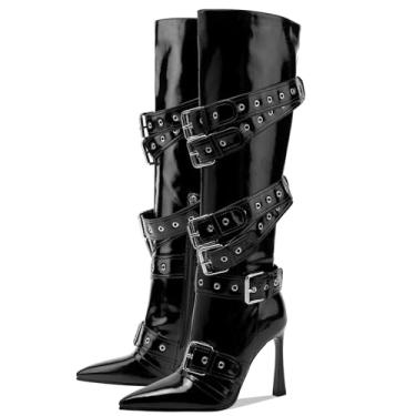 Imagem de GOSERCE Botas de cano alto pretas e brancas para mulheres sexy bico fino fivela rebites bota stiletto alta moda botas longas de salto alto com zíper feminino couro envernizado preto sapatos brancos