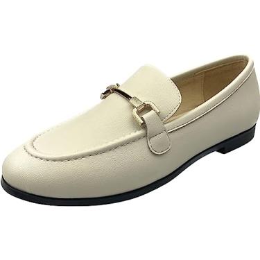 Imagem de Justar Mocassins femininos de couro genuíno com fivela e salto baixo sem cadarço para dirigir mocassim feminino, Bege-02, 38