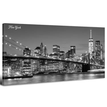 Imagem de Arte de parede de Nova York para sala de estar Ponte do Brooklyn Impressões em tela preto e branco Manhattan Night View pôsteres paisagem urbana moderna pintura panorâmica arte para quarto, escritório
