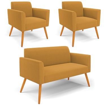 Imagem de Namoradeira e 2 Poltronas Pé Palito Castanho Marisa Bouclê Mostarda D03 - D'Rossi