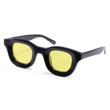 Imagem de HCHES Óculos de sol vintage de acetato, feito à mão, UV400, masculino, feminino, redondo, robusto, armação ousada, masculino (preto, amarelo)