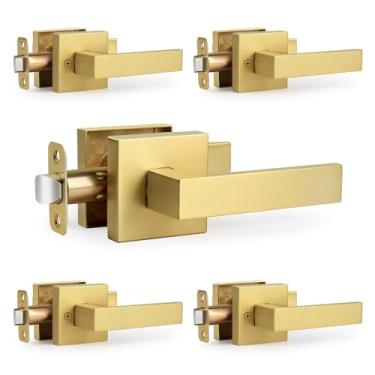 Imagem de LOQRON Pacote com 5 maçanetas de porta de passagem resistentes de ouro escovado sem trava, maçaneta de porta interior de design quadrado sem trava, alça reversível para fechadura de porta de corredor