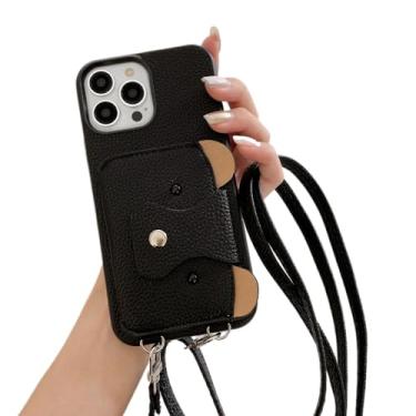 Imagem de Capa de telefone carteira crossbody com cordão para iPhone 14 13 12 Mini 11 Pro XS Max X 8 7 Plus com capa de couro com suporte para cartão, preta, para iPhone 7Plus (8Plus)