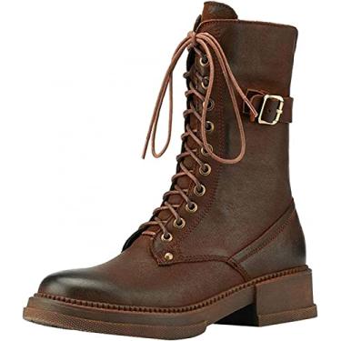 Imagem de Botas de plataforma femininas bico redondo salto grosso anabela colorblock brock cadarço cano médio botas de combate, Preto, 7