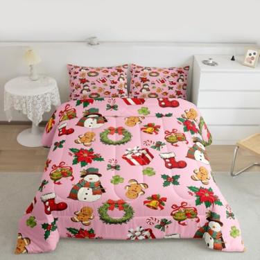Imagem de jejeloiu Conjunto de edredom solteiro, boneco de neve, fofo, para crianças, meninos, meninas, pão de gengibre, rosa, decoração de quarto, 2 peças com 237 fronhas