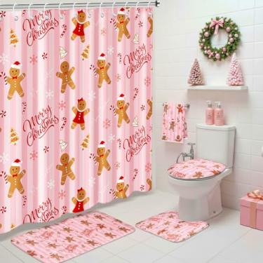 Imagem de Maasechs Conjunto de 6 peças de cortina de chuveiro masculina de gengibre de Natal com cortina de chuveiro à prova d'água 182 x 182 cm toalha de tampa de vaso sanitário tapetes em forma de U