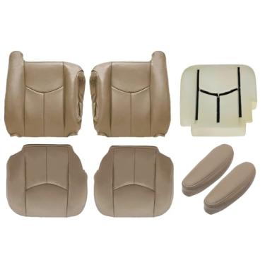 Imagem de SecosAutoparts Capas de assento de couro de substituição Tan Front Driver & Passenger Bottom & Top & Armrest & Driver Foam compatível com Chevy Silverado GMC Sierra 1500 2500 3500 HD 2003 2004 2005