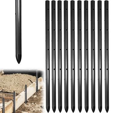 Imagem de 10 peças de estacas redondas de concreto de aço de 43 cm com furos, estacas de vergalhão resistentes, pinos de concreto para formas de concreto, cerca de jardim, resistente à ferrugem, removível