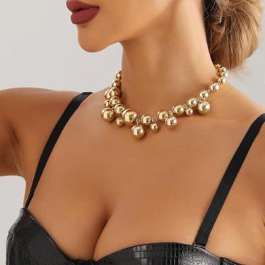 Imagem de Colar gargantilha grossa para mulheres, dourado, grande, com contas, punk, bola, cluster, colar, festa, joia delicada, presente, Medium, Latão, Sem Pedra Preciosa