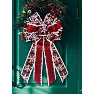 Imagem de Grande laço de Natal para guirlanda, guirlanda xadrez de búfalo vermelho de veludo vermelho preto para decoração - Arco de Natal de inverno para porta da frente, decoração de parede interna e externa