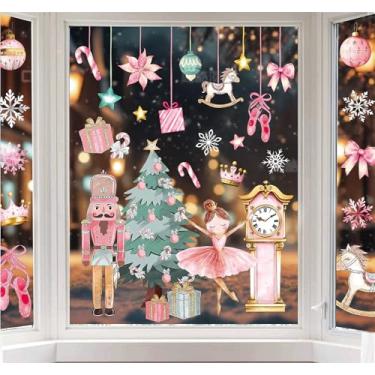 Imagem de Whaline Adesivos de janela de Natal, quebra-nozes rosa, adesivos de janela de árvore de Natal, decalques grandes de vidro dupla face para decoração de casa, sala de aula, escritório, festa, 6 folhas