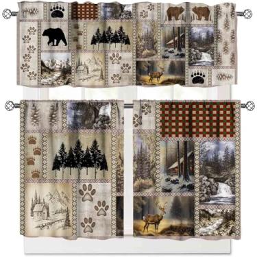 Imagem de Country Lodge – Saia de cozinha, cabana rústica, urso, veado, vida selvagem, outono, floresta, animal, fazenda, vintage, marrom, janela, cortinas curtas para quarto, sala de estar, café, conjunto de 3