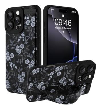 Imagem de Ufbara Capa compatível com iPhone 16 Pro Max para mulheres e homens, linda estampa floral de flores brancas, alça de pulso de metal ajustável, suporte de mão, suporte, capa de silicone macio, preta