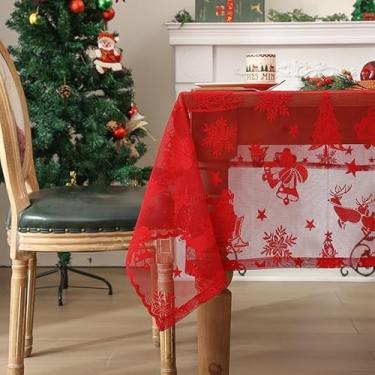 Imagem de GET ENAI Toalha de mesa de renda retangular, design floral bordado semitransparente, vermelho Natal, toalha de mesa para sala de jantar (vermelha, 139,7 x 228,6 cm)