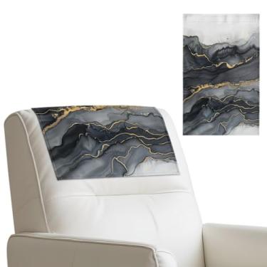 Imagem de Menostgox Capas de encosto de cabeça com estampa de mármore para poltronas reclináveis de couro PU capa para encosto de cabeça reclinável antiderrapante à prova d'água 43 x 68 cm preto conjunto de 2