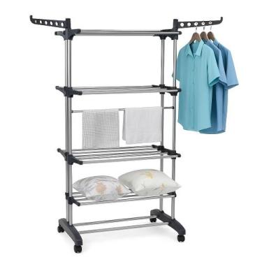 Imagem de Varal Vertical de Chão 3 Andares Ajustáveis Dobrável Multiuso com Rodi