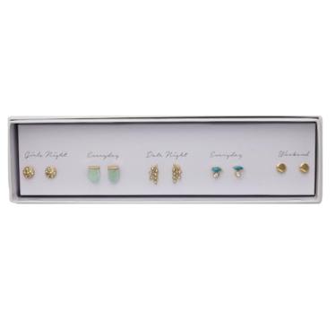 Imagem de Rosemarie & Jubalee Conjunto de brincos femininos banhados a ouro, 5 pares, designs diários peculiares para meninas à noite, encontros à noite, fim de semana, uso diário, 10mm, Cristal, liga metálica