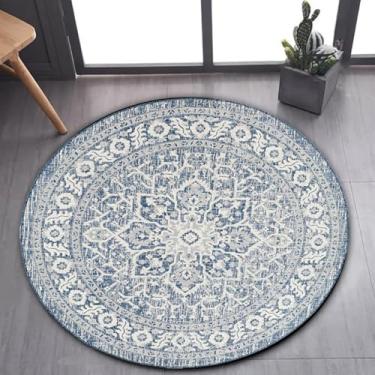 Imagem de Tapete de área estilo marroquino imitação caxemira tapete redondo tapete doméstico para decoração sala de estar quarto tapete antiderrapante fácil de cuidar, padrão azul e branco, 100 cm
