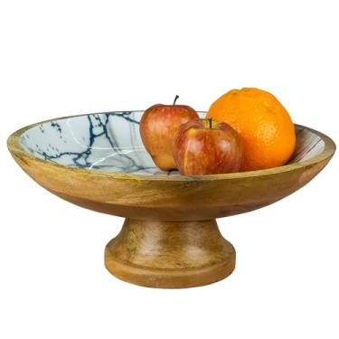 Imagem de HOMORA Tigela de frutas de madeira ou tigela de pedestal decorativa para decoração de mesa, para balcão de cozinha, base destacável, tigelas grandes de 30 cm, madeira de manga (Mármore azul)