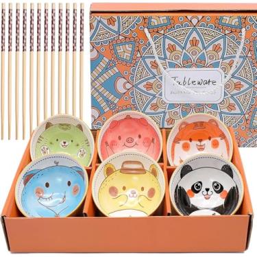 Imagem de BLLREMIPSUR 6 tigelas de arroz de cerâmica, tigela de sobremesa pequena de desenho animado, tigelas de cereal, conjunto de presente, para aveia, sorvete, saladas, sopas