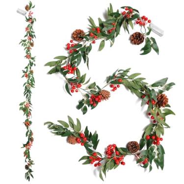 Imagem de Pacote com 2 guirlandas de Natal pré-iluminadas de 1,8 m com luzes – Guirlanda artificial de azevinho com vegetação e pinhas para decoração de férias internas e externas, lareira, manto de escada