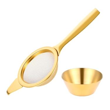 Imagem de Peneira Matcha dourada de 5,6 cm com 30 filtros de malha fina para peneira de aço inoxidável Matcha com alça, pequenos filtros de metal para coquetéis soltos de chá e café